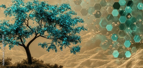 A futuristic 3D mural with a lush tree and shimmering blue-turquoise leaves, set against a soft brown landscape, with a bold green hexagon background that creates depth and movement. photo