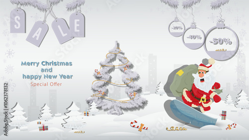 Special offer Christmas and New Years Sale Santa Claus with a bag of gifts on a snowboard next to a fir tree in a winter snow forest