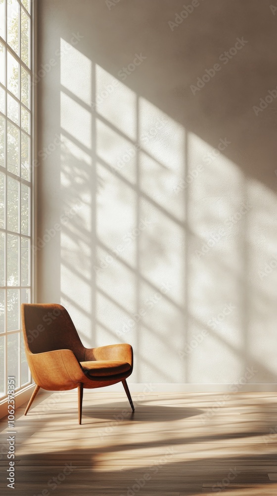 Fototapeta premium Cozy corner with modern chair and autumn light streaming through large windows