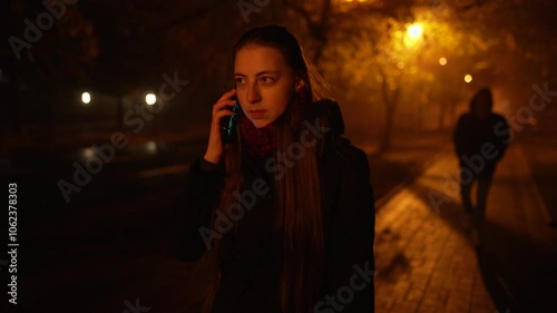 A frightened woman calls on the phone after noticing that she is being followed