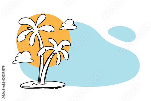 Summer doodle. Coconut palm tree on the beach. flat design with empty area illustration vector
