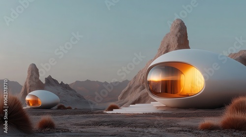 Futuristic dome shelters characterized by their sleek design are nestled in a surreal desert environment, evoking themes of innovation and architectural advancements. photo