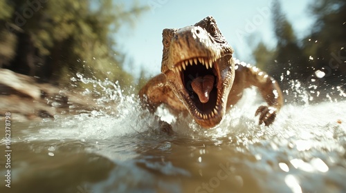 A roaring dinosaur runs and splashes in a river, evoking the thrilling chase and prehistoric wilderness that once dominated the planet, full of vibrant primal energy. photo