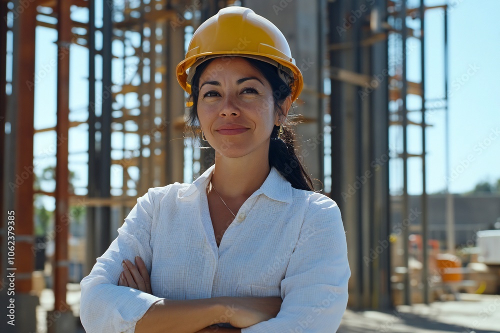 Construction site, architecture and mexican american woman in portrait with arms crossed, maintenance or inspection. Engineering, business person or happy manager with helmet for safety, development o Construction site, architecture and mexican american woman in portrait with arms crossed, maintenance or inspection. Engineering, business person or happy manager with helmet for safety, development o