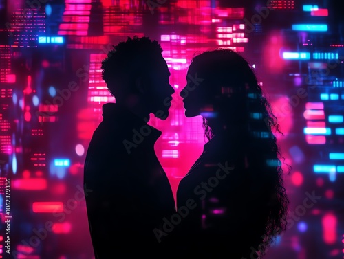 Silhouette of a couple in an intimate moment with colorful digital lights.