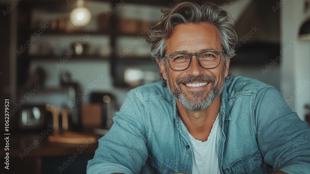 A bearded man with glasses smiles widely as he poses in a warmly lit, cozy interior, exuding positive vibes and friendliness, inviting and comforting space. A bearded man with glasses smiles widely as he poses in a warmly lit, cozy interior, exuding positive vibes and friendliness, inviting and comforting space.