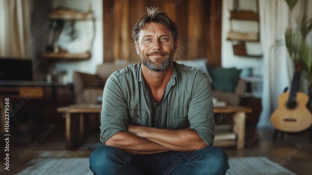 A relaxed man with a beard sits cross-legged smiling in a warmly lit living room decorated with natural elements, creating a peaceful and charming atmosphere. A relaxed man with a beard sits cross-legged smiling in a warmly lit living room decorated with natural elements, creating a peaceful and charming atmosphere.