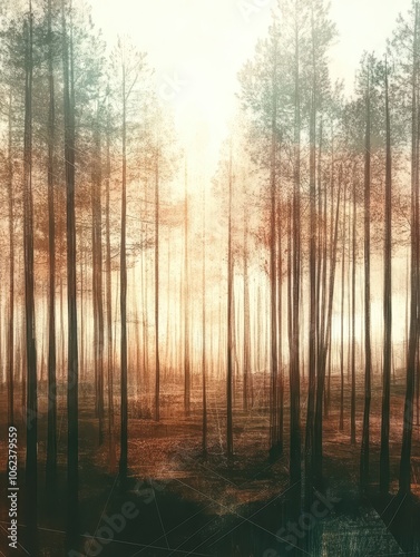 Sunlight filtering through a serene forest with tall slender trees.