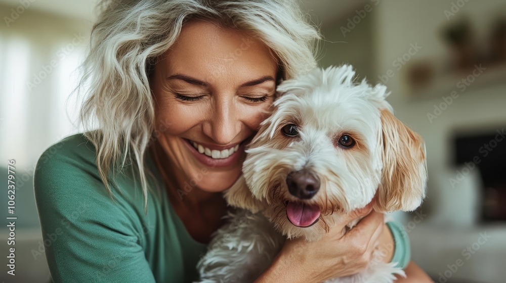 A joyful woman with blonde hair embraces her fluffy dog wearing a green top in a softly lit living space, highlighting affection and warmth between them. A joyful woman with blonde hair embraces her fluffy dog wearing a green top in a softly lit living space, highlighting affection and warmth between them.
