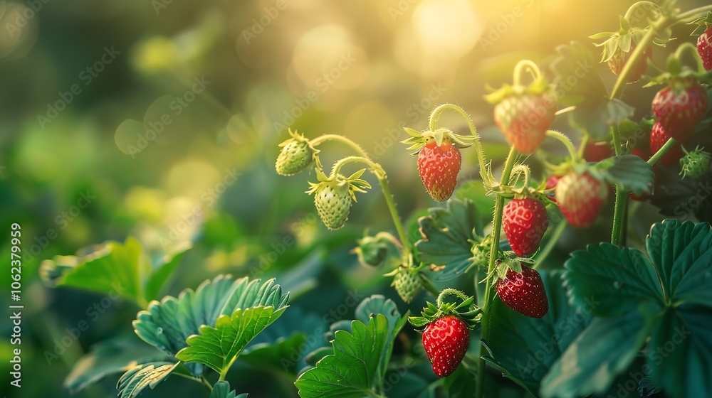 Obraz premium A farm's row of raw, green, unripe strawberries, Generative AI.