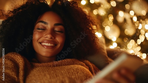 A young woman, eyes closed and smiling, relaxes with a phone by twinkling Christmas lights, embodying serenity and holiday warmth in a cozy indoor setting. photo