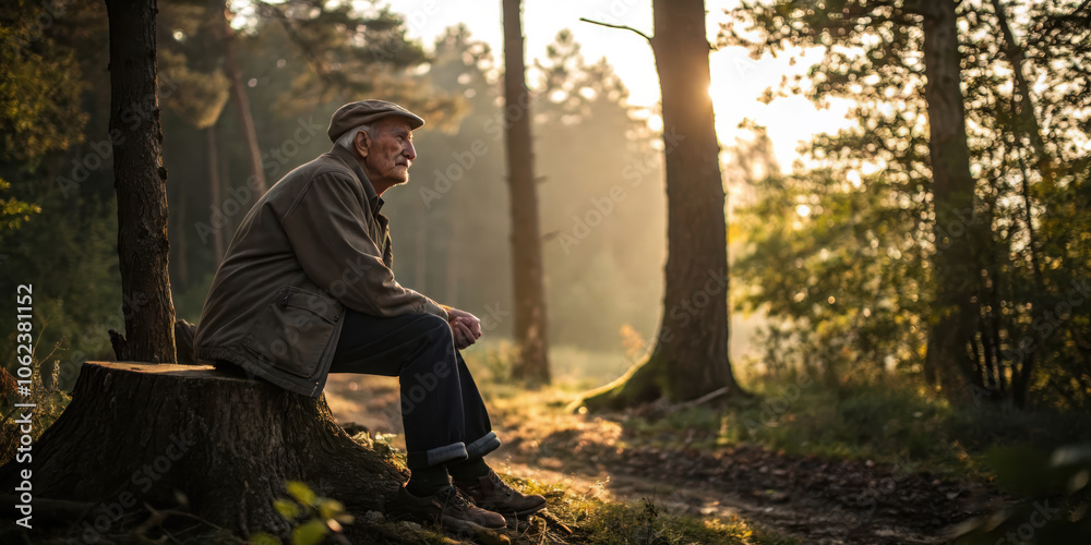 Old man in woods sitting on a stump. Giving tree concept for death, aging, retirement, hospice care Old man in woods sitting on a stump. Giving tree concept for death, aging, retirement, hospice care