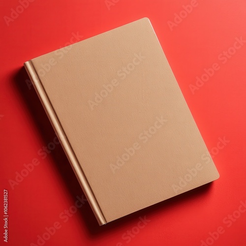 Minimalist Tan Notebook Cover on Vibrant Red Background in Flat Lay Composition