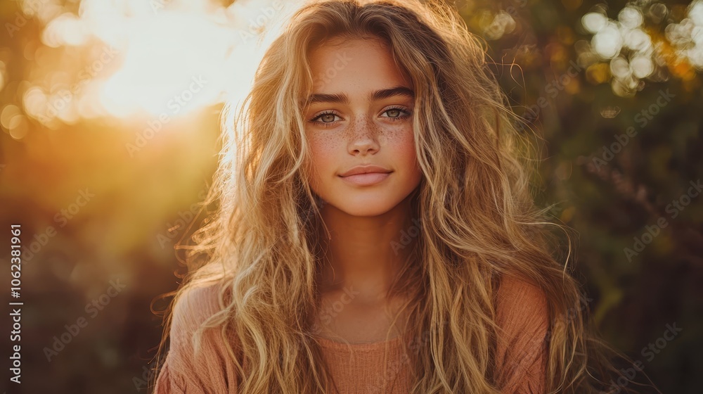 A portrait of a freckle-faced woman with flowing wavy hair, softly smiling as she basks in outdoor sunlight, conveying a sense of peace and natural beauty.