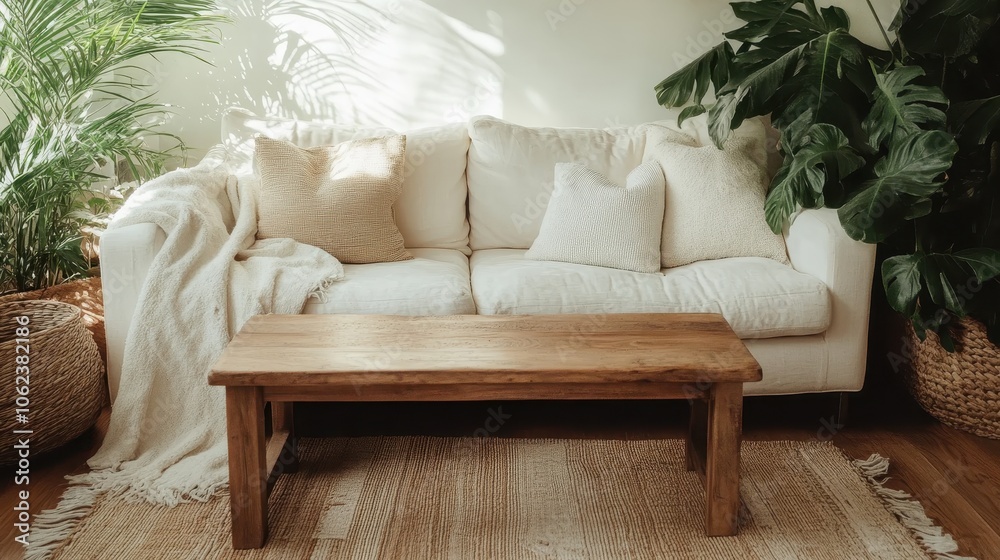 A sunlit living room featuring a comfortable sofa with pillows, plants, and a wooden coffee table, projecting a peaceful and inviting home-like atmosphere.