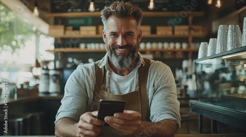 A cheerful barista wearing a white apron engages on a phone in a modern cafe setting, conveying hospitality, modernity, and connectivity amidst drinks.