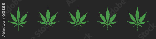 Grungy Green Marijuana Leaf Isolated Vector Set Psychedelic Abstract Background. Grunge Style Cannabis Silhouette Prints Design Element Collection. Sativa and Indica Varieties Stencil Art Illustration