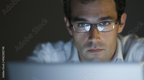 Focused on the screen, the computer programmer types furiously on their laptop. photo