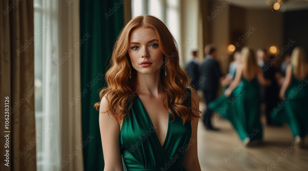 Gorgeous redhead woman in green elegant dress on the party Gorgeous redhead woman in green elegant dress on the party