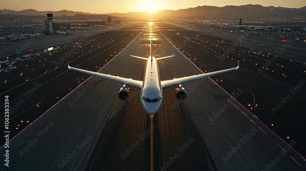 Fototapeta premium Golden Hour TakeoffA commercial airplane sits on the runway as the sun sets, casting a golden glow across the wings and reflecting off the asphalt, highlighting a serene and powerful pre-takeoff mom