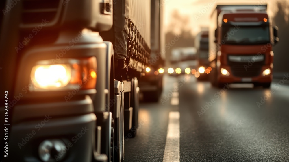 A convoy of trucks moves steadily on the highway during dusk, capturing the essence of teamwork and resilience within the trucking and logistics spheres. A convoy of trucks moves steadily on the highway during dusk, capturing the essence of teamwork and resilience within the trucking and logistics spheres.