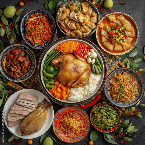 Gathered around a beautifully arranged table, a variety of traditional dishes including roasted duck and Khanom Chan highlight a celebratory meal enjoyed by family and friends photo