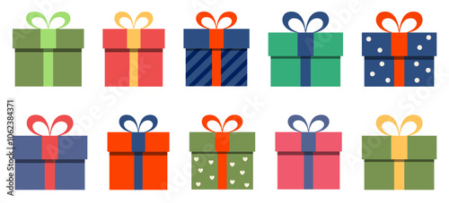 Gift boxes icons set. Collection of colorful gift boxes with ribbon bow on white background. Holiday presents. Vector illustration.