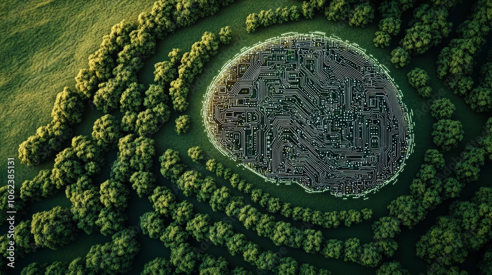 Digital Brain Concept with Circuits Surrounded by Nature Digital Brain Concept with Circuits Surrounded by Nature