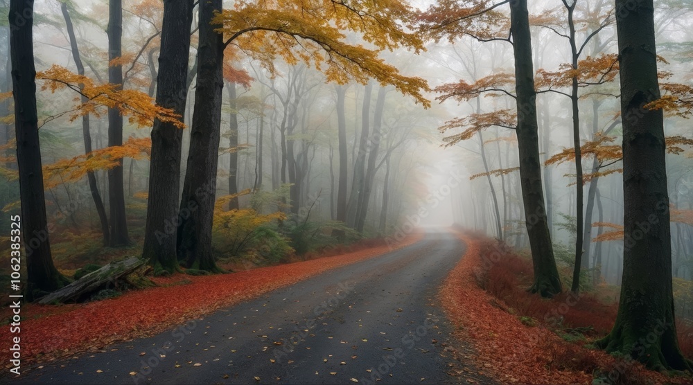 Obraz premium forest path in autumn forest with fog