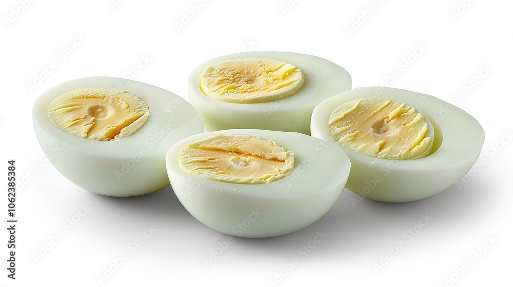Boiling egg halves against a white backdrop, Generative AI.