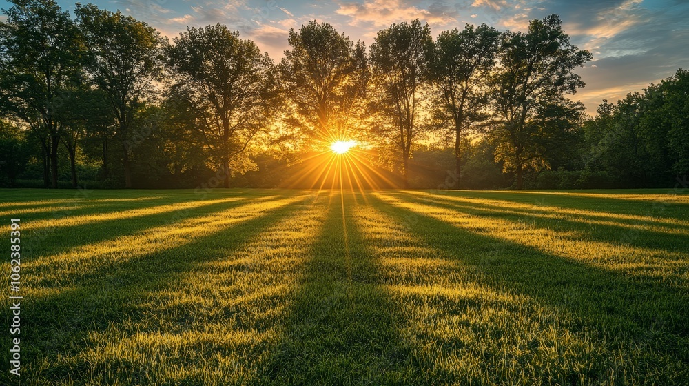 Obraz premium Sunrise Over Lush Green Field with Sun Rays