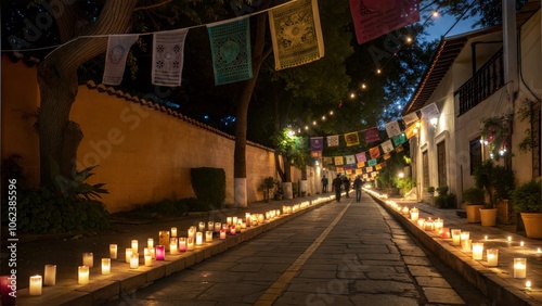 Candle-lit street for Las Posadas procession at night