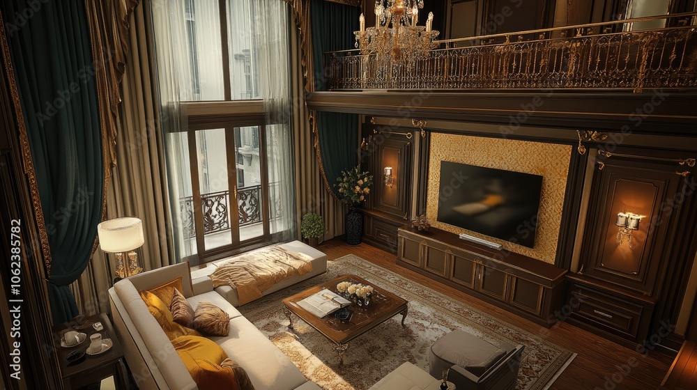 Luxurious living room with large windows, a chandelier, a fireplace, a TV, a couch, and a coffee table. Luxurious living room with large windows, a chandelier, a fireplace, a TV, a couch, and a coffee table.
