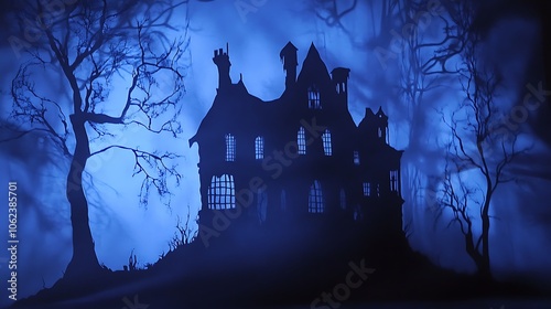 Halloween haunted house silhouettes with eerie details photo