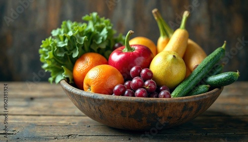 Fresh Fruits and Vegetables in Rustic Bowl