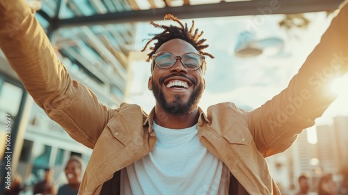 A joyful man with glasses spreads his arms wide, basking in the sunlit ambiance of a vibrant urban setting, exuding happiness and freedom under clear skies.