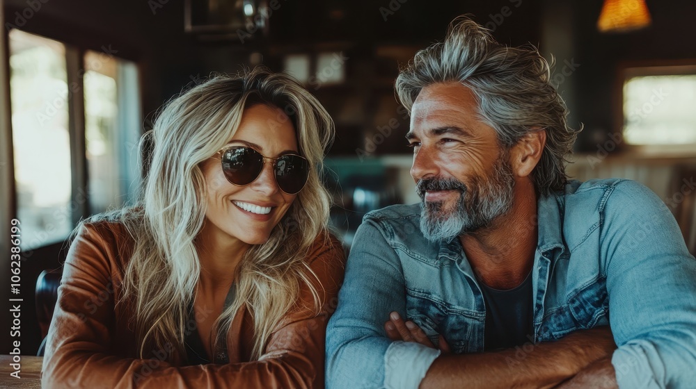 A stylish couple smiles warmly at a cafe, the woman wears sunglasses, both exuding happiness and relaxation, surrounded by a cozy and modern ambiance. A stylish couple smiles warmly at a cafe, the woman wears sunglasses, both exuding happiness and relaxation, surrounded by a cozy and modern ambiance.