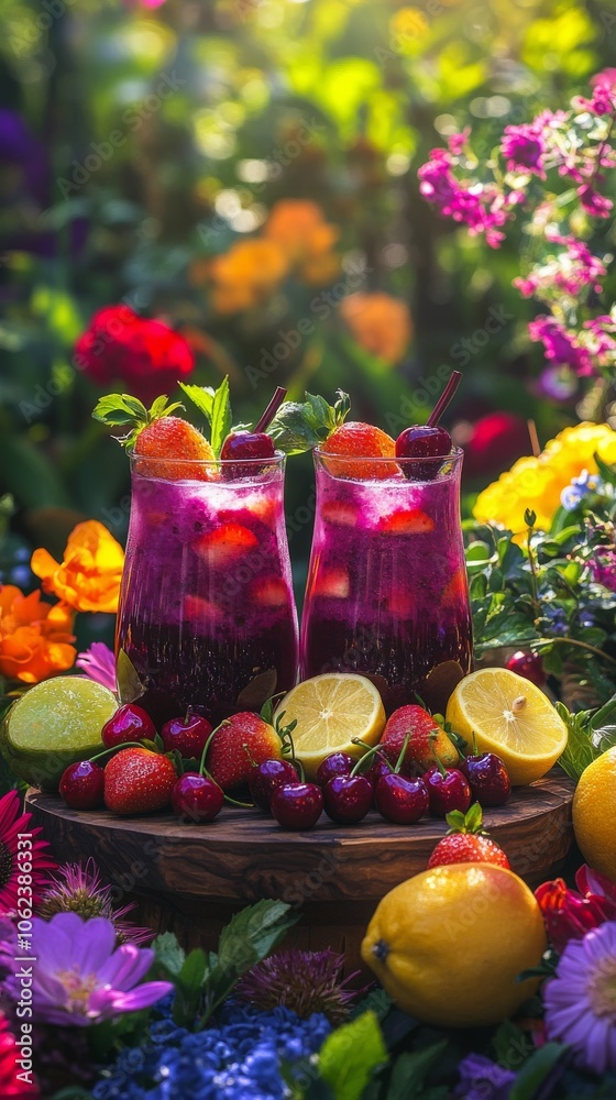 Refreshing fruit cocktails displayed amidst vibrant flowers in a sunny garden setting Refreshing fruit cocktails displayed amidst vibrant flowers in a sunny garden setting