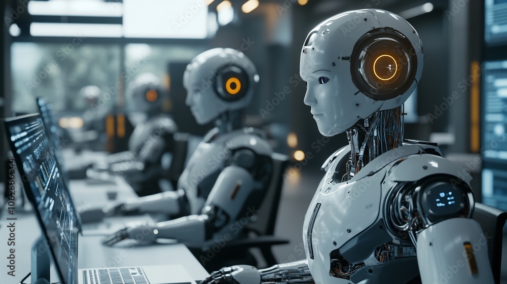 Fototapeta premium Three humanoid robots working on computers in a modern office environment.