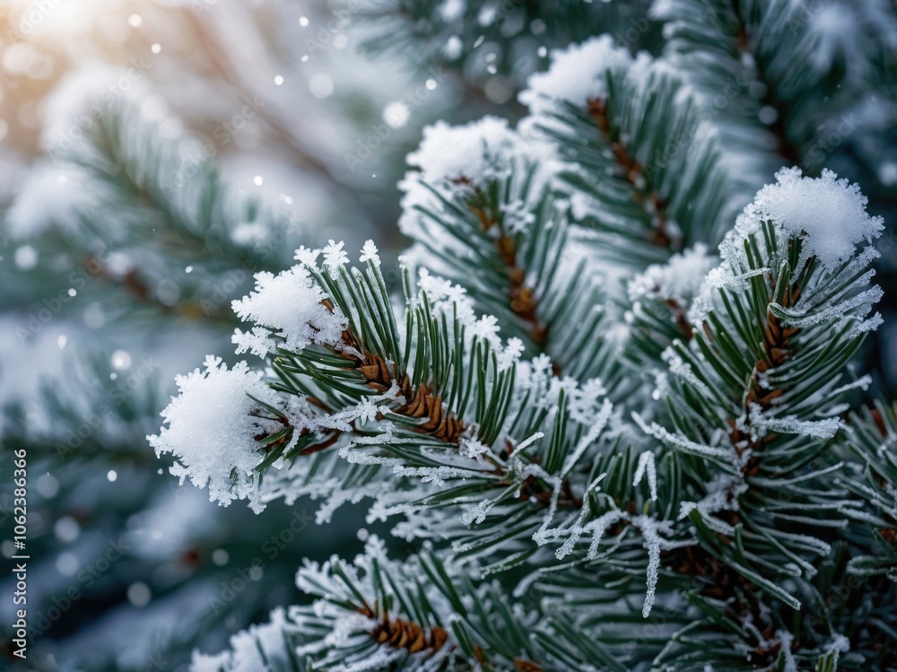 A close-up of frosty pine branches covered in snow, highlighting the delicate frost and icy details that create a winter wonderland atmosphere. A close-up of frosty pine branches covered in snow, highlighting the delicate frost and icy details that create a winter wonderland atmosphere.