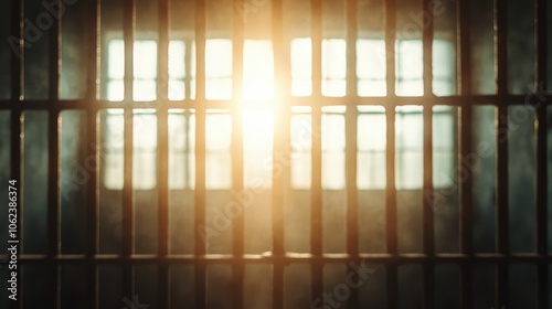 A warm, soothing glow filters through the bars of a prison cell, creating an uplifting contrast against the otherwise quiet and confined block environment. photo