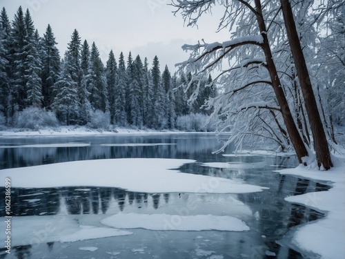 A frozen lake with skates left on the ice, surrounded by a serene winter landscape, showcasing the beauty of a winter day spent skating photo