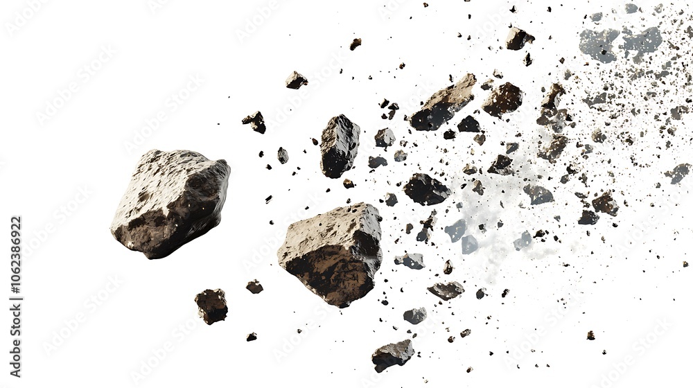 Asteroids in motion against a white backdrop. Asteroids in motion against a white backdrop.