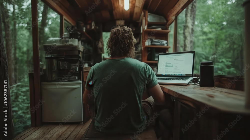 Naklejka premium A man sits at a desk inside a cozy wooden cabin, working on a laptop surrounded by nature. The atmosphere is serene and isolated, perfect for focus.