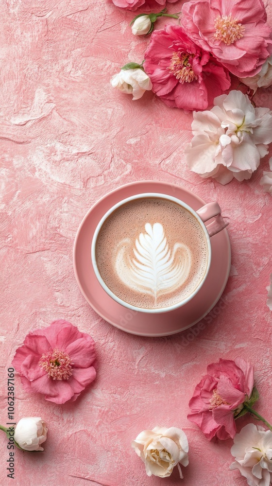 Cup of latte art surrounded by pink flowers on a pastel background in a cozy setting Cup of latte art surrounded by pink flowers on a pastel background in a cozy setting