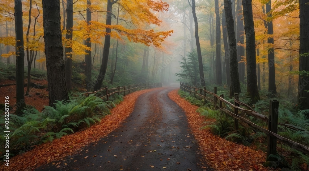 Obraz premium forest path in autumn forest with fog
