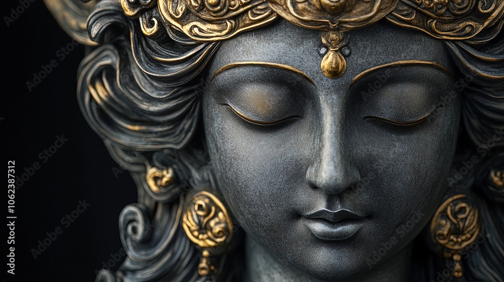 Fototapeta premium Serene Meditative Figure: An Elegant Antique Statue with Golden Highlights – Perfect for Enhancing Spiritual Atmosphere in Modern Spaces or as a Striking Wall Poster for Home Decor.