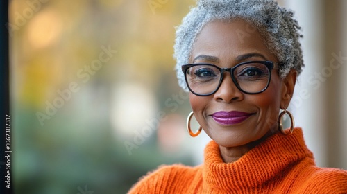 A cheerful senior black woman in glasses and an orange sweater showcases a warm smile, embodying happiness in a calm setting. photo