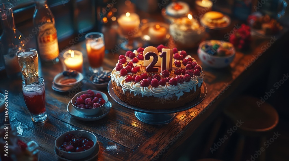 A birthday cake with candles and desserts on a wooden table, lit by candles. A birthday cake with candles and desserts on a wooden table, lit by candles.