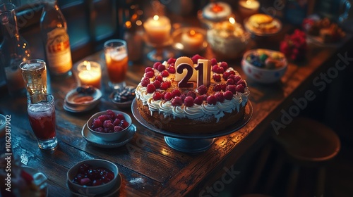 A birthday cake with candles and desserts on a wooden table, lit by candles.